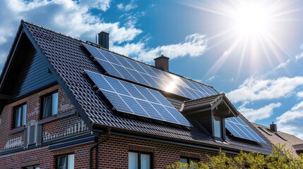 Obraz premium Solar Energy: Close-Up of Newly Built House with Black Solar Panels Against a Sunny Sky