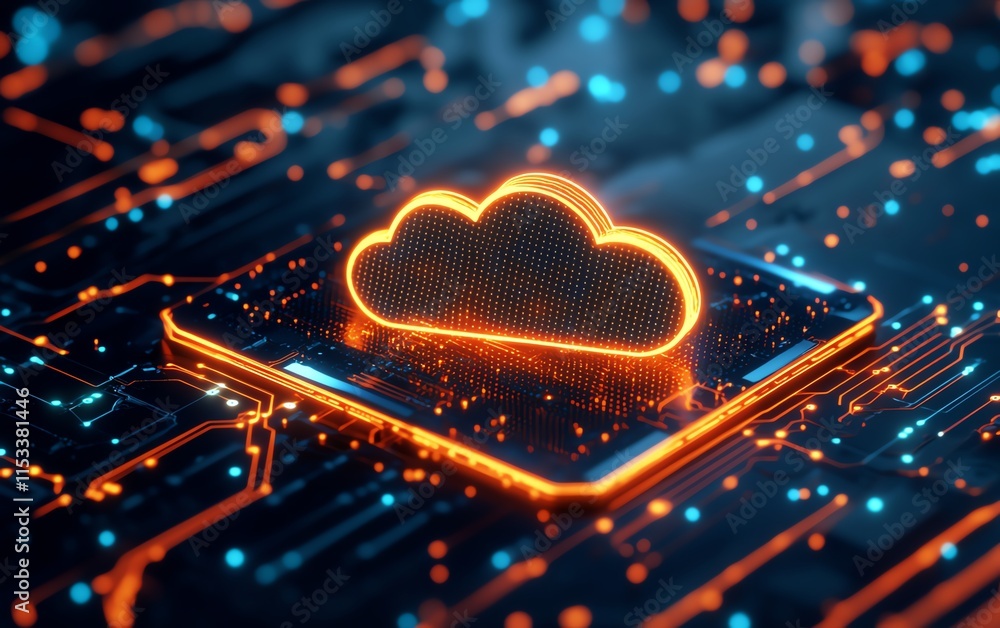 Poster circuit board with glowing light effects, symbolizing cloud computing and digital storage, with inte