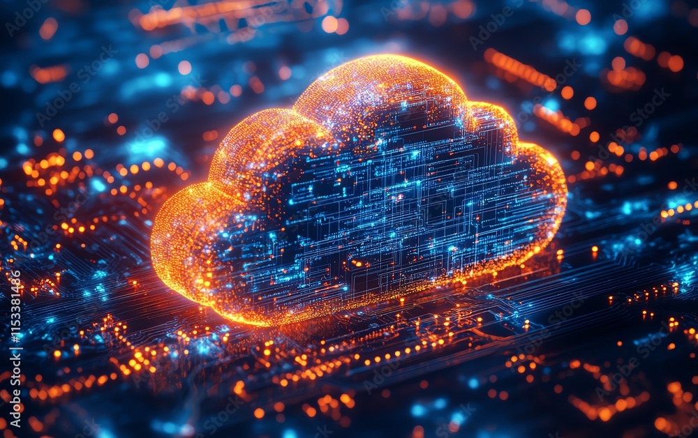 Poster circuit board with glowing light effects, symbolizing cloud computing and digital storage, with inte