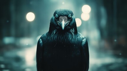 Night Crow. Squarespace designer Thumbnail Faceless youtube channel alphv gtfobins EVALI Starling Bank Flock safety Artgrid Dezgo Dark black raven perched with glowing city lights blurred
