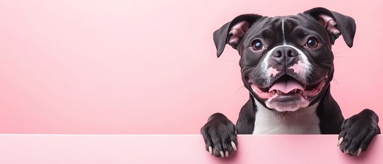 Charming dog sitting by a blank sign against a pink backdrop, perfect for petthemed content, promotional materials, and advertisement ideas