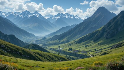Fototapeta premium Majestic Mountain Valley Scenic Landscape With Lush Green Fields