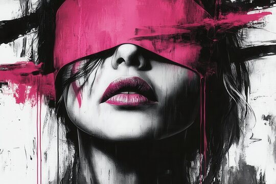 Woman with pink blindfold, black and white portrait with pink paint