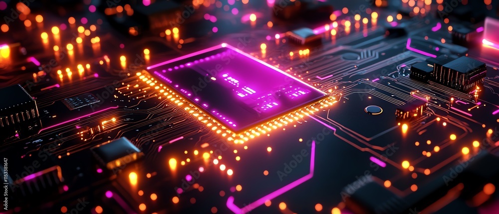 Poster circuit board with vibrant glowing lights and cloud computing symbols, illustrating the integration 