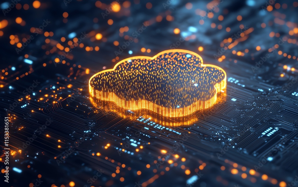 Poster circuit board with glowing light effects, symbolizing cloud computing and digital storage, with inte