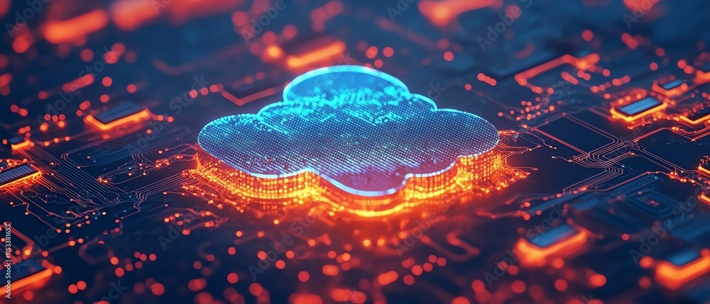 Poster circuit board with vibrant glowing lights and cloud computing symbols, illustrating the integration 