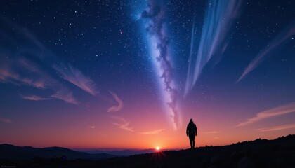 Obraz premium Solitary Figure Gazing at Sunset and Milky Way