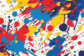 A playful abstract background with bold splatters in bright primary colors, exuding creativity.