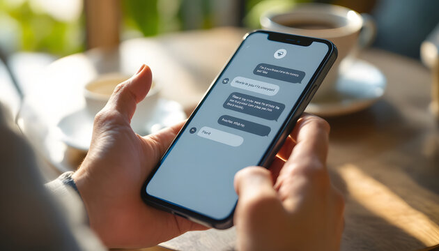 Mobile Phone Chat Conversation, Texting on Smartphone with Coffee, Online Messaging on Mobile Device