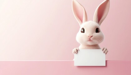 Cute bunny with a blank sign board on a pastel pink background, ideal for Easter promotions, Springthemed graphics, and playful designs