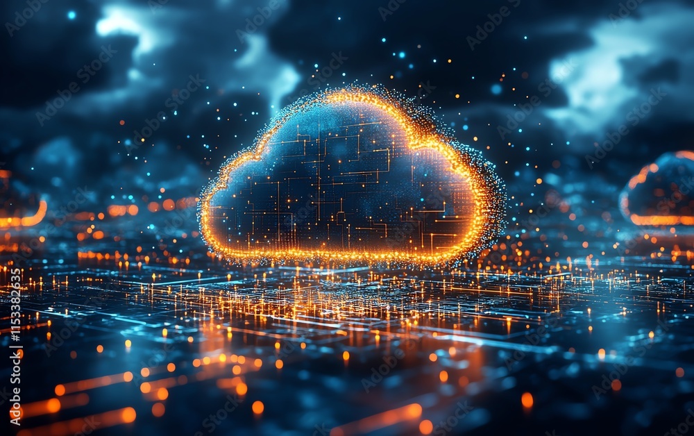 Poster futuristic circuit board with glowing light elements, representing cloud computing, data flow, and t