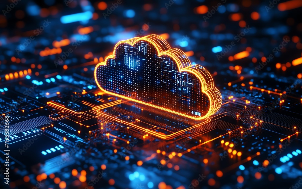 Poster futuristic circuit board with glowing light elements, representing cloud computing, data flow, and t