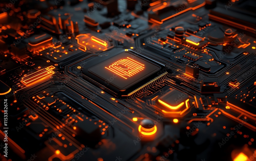 Poster futuristic circuit board with illuminated light and cloud computing imagery, representing the synerg