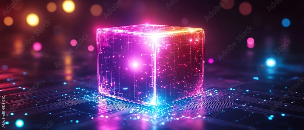 Poster futuristic glowing cube on a digital circuit board, representing ai, technology, and data processing