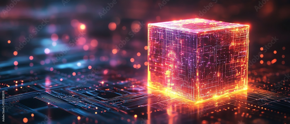 Poster futuristic glowing cube on a digital circuit board, representing ai, technology, and data processing