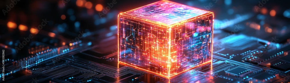 Poster futuristic glowing cube on a digital circuit board, representing ai, technology, and data processing