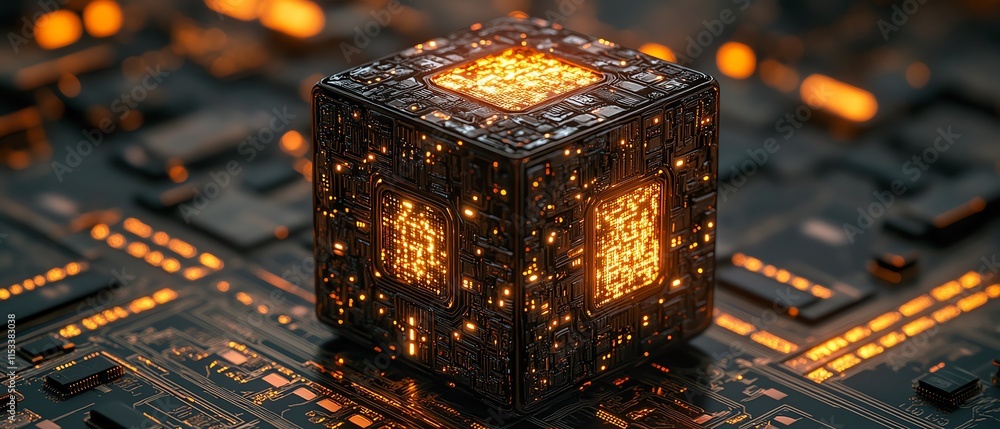 Poster futuristic glowing cube on a digital circuit board, representing ai, technology, and data processing