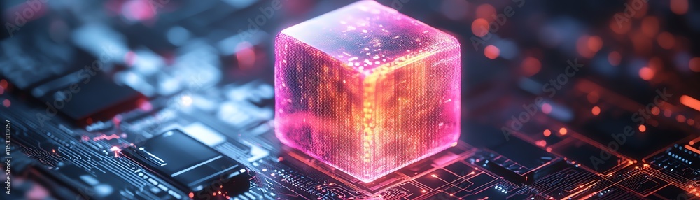 Aufkleber futuristic glowing cube on a digital circuit board, representing ai, technology, and data processing
