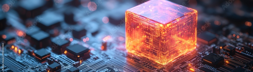 Poster futuristic glowing cube placed on a digital circuit board, representing advanced ai, technology, and