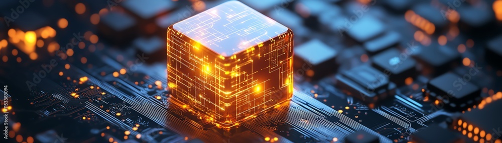 Poster futuristic glowing cube placed on a digital circuit board, representing advanced ai, technology, and