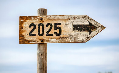 A weathered wooden sign points towards the year 2025, signifying the passage of time and anticipation for the future.