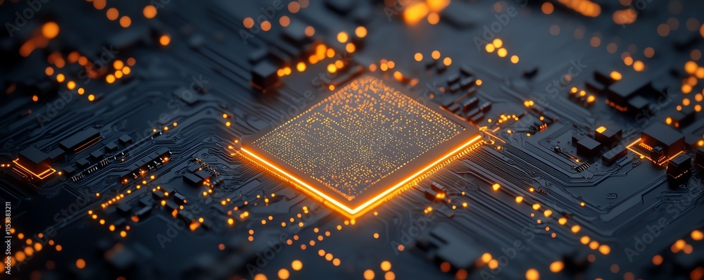 Poster glowing circuit board with cloud computing design elements, representing the next generation of digi