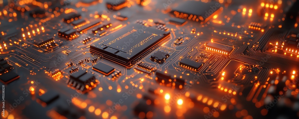 Poster glowing circuit board with cloud computing design elements, representing the next generation of digi