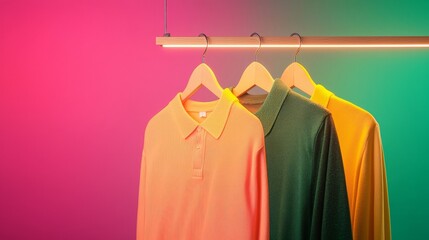Obraz premium Colorful shirts hang on a wooden rack against a vibrant pink and green background, illuminated by soft lighting.