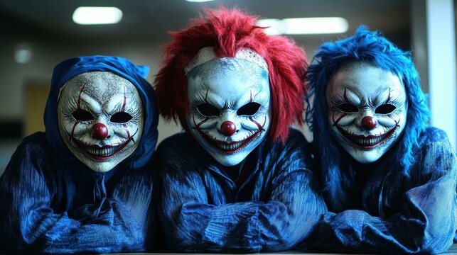 Clown Kids. Scary children in clown makeup and colorful wigs Halloween