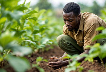 A african descent farmer carefully inspects the soil of a lush field, ensuring growth of healthy crops. concepts of agriculture, sustainability, and dedication in modern farming practices.