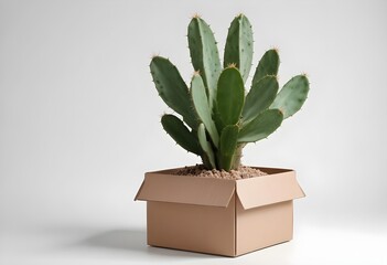 A potted cactus with large leaves in a cardboard box on a white surface