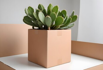 A potted cactus with large leaves in a cardboard box on a white surface