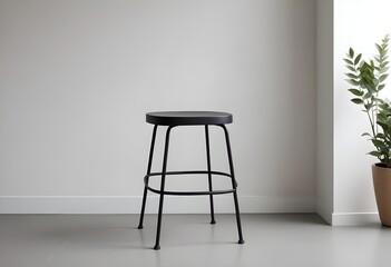 A black metal stool in a minimalist interior setting with natural lighting