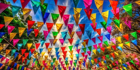 Fototapeta premium Surreal Garland of Triangular Flags: Festive Hanging Decoration on a Rope