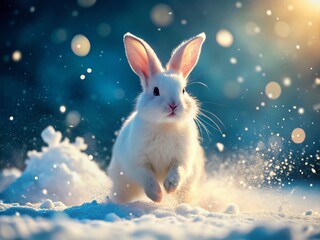 Adorable Fluffy Bunny Frolicking in Winter Wonderland Snow - Bokeh Background