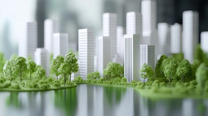 Conceptual model of a sustainable green city with eco-friendly white buildings and small paper trees symbolizing urban planning and environmental protection. 