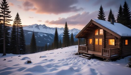 Fototapeta premium A wooden cabin in a snowy mountain landscape with pine trees, under a cloudy sky at sunset