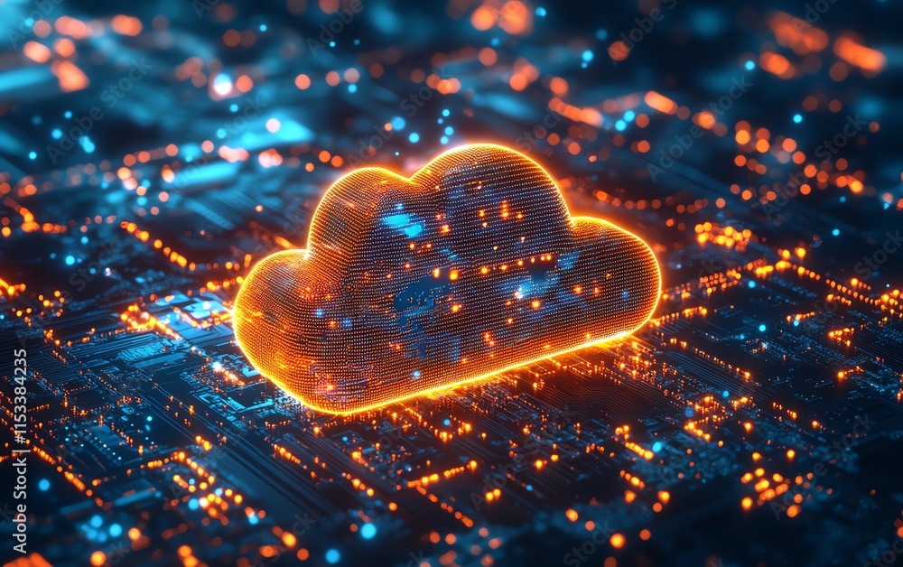 Poster hightech circuit board with glowing lights, symbolizing cloud computing, data management, and the fu
