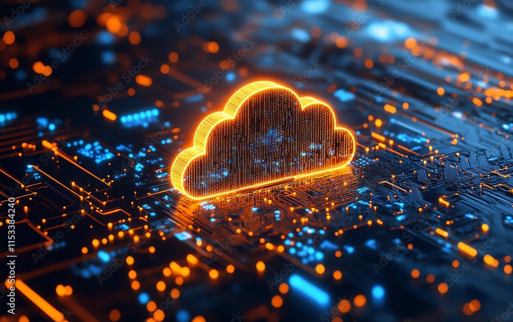 Poster hightech circuit board with glowing lights, symbolizing cloud computing, data management, and the fu