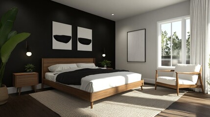 Fototapeta premium Modern bedroom with dark wall, wood bed, and armchair.