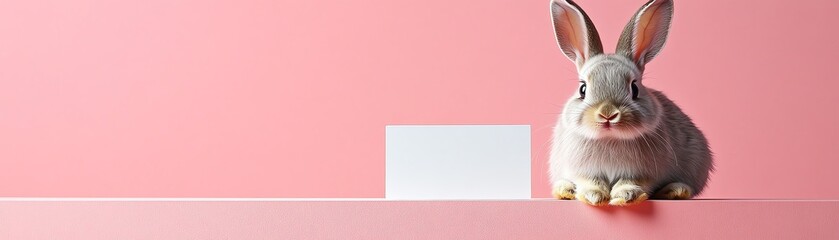 Sweet bunny sitting next to a blank sign board with a pink background, ideal for Easter, Spring promotions, and seasonal creative projects