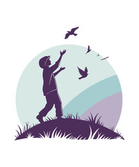 A child running towards a flying bird in the serenity of nature.