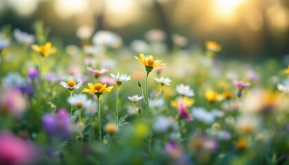 Obraz premium Vibrant Wildflowers Blooming in Spring Meadow at Sunset