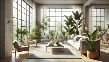 A bright and airy living room with large windows, comfortable seating, and a plant collection