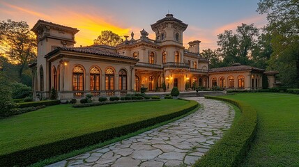 Obraz premium Mansion with stone pathway and sunset sky.