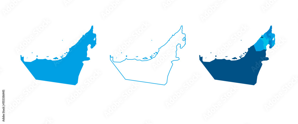 Poster united arab emirates set of three maps - solid map, outline map and map highlighting administrative 