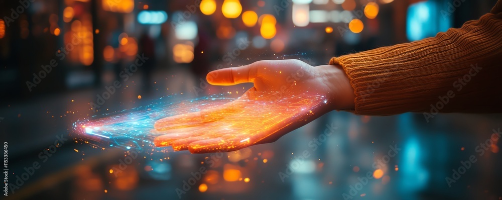 Poster a hand interacting with a floating holographic interface, illuminated by bokeh lights, representing 