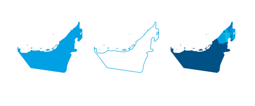 United Arab Emirates set of three maps - solid map, outline map and map highlighting administrative divisions. Three distinct maps illustrate various representations of a geographical area.