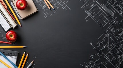 Colorful classroom elements including books, pencils, and apples on a chalkboard background, perfect for teacher's day and educational designs