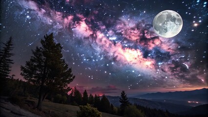 Naklejka premium Surreal Night Sky: Dreamlike Moon and Starry Galaxy Photography